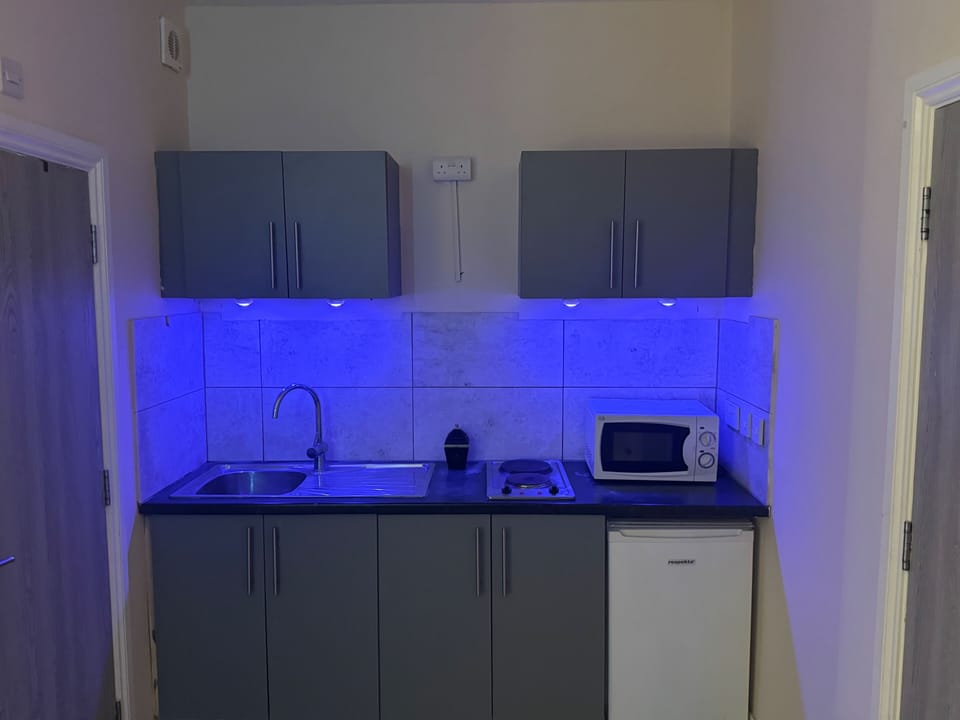 Fridge, microwave, stovetop, electric kettle