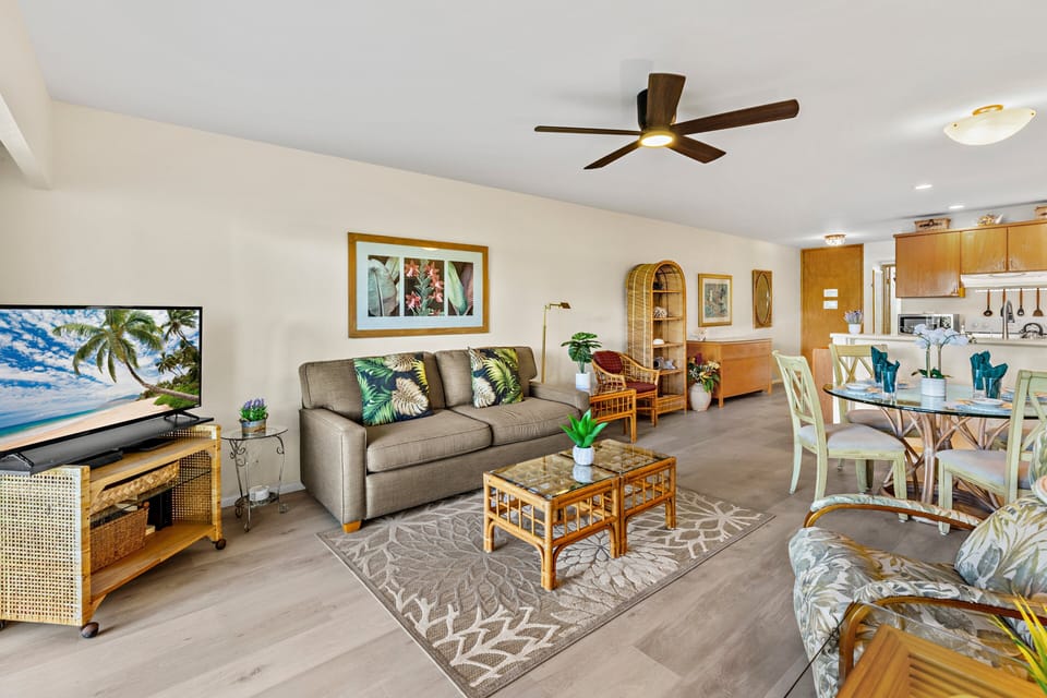 Gather with family and friends in the spacious living room designed for relaxing after a day at the beach.