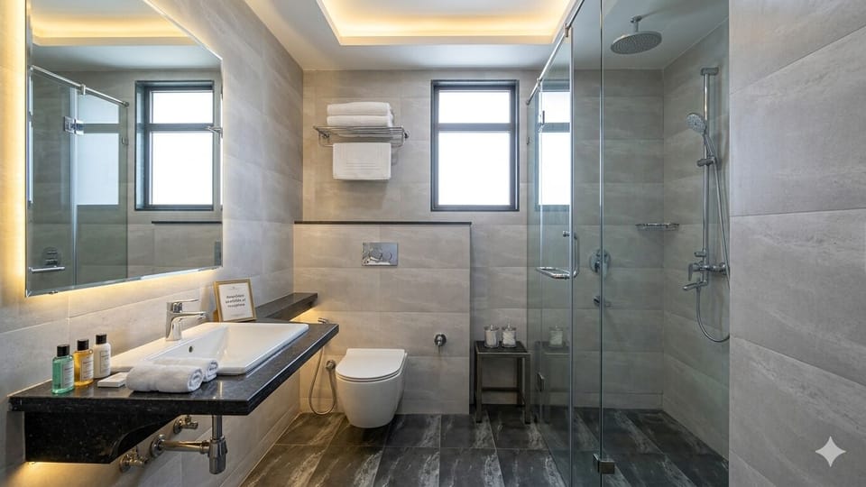 Deluxe Double Room, Balcony, City View | Bathroom | Shower, towels, soap, shampoo