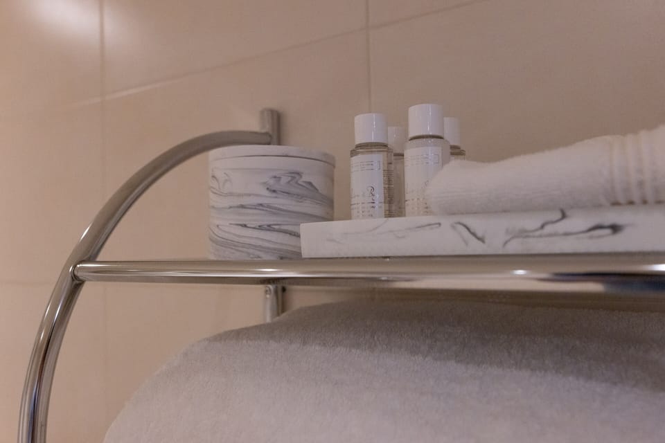 Shower, free toiletries, hair dryer, towels