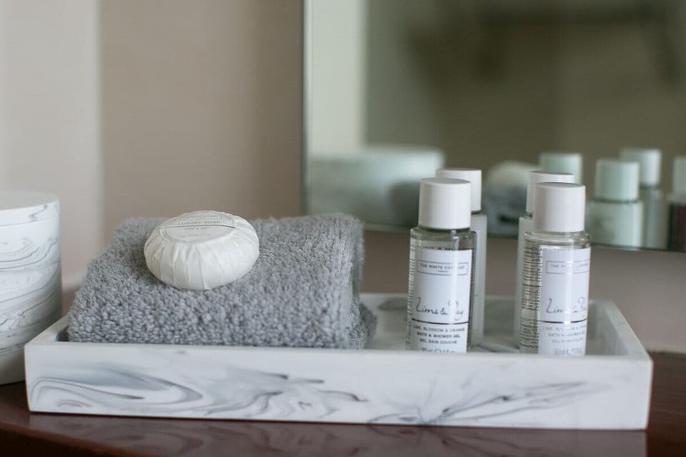 Shower, free toiletries, hair dryer, towels