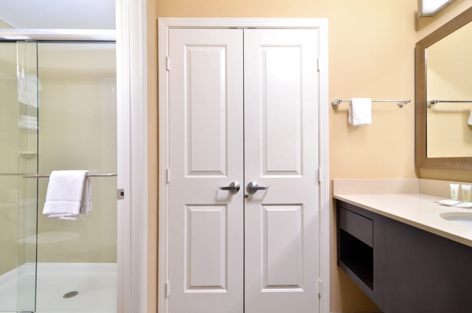 Hair dryer, towels, soap, shampoo