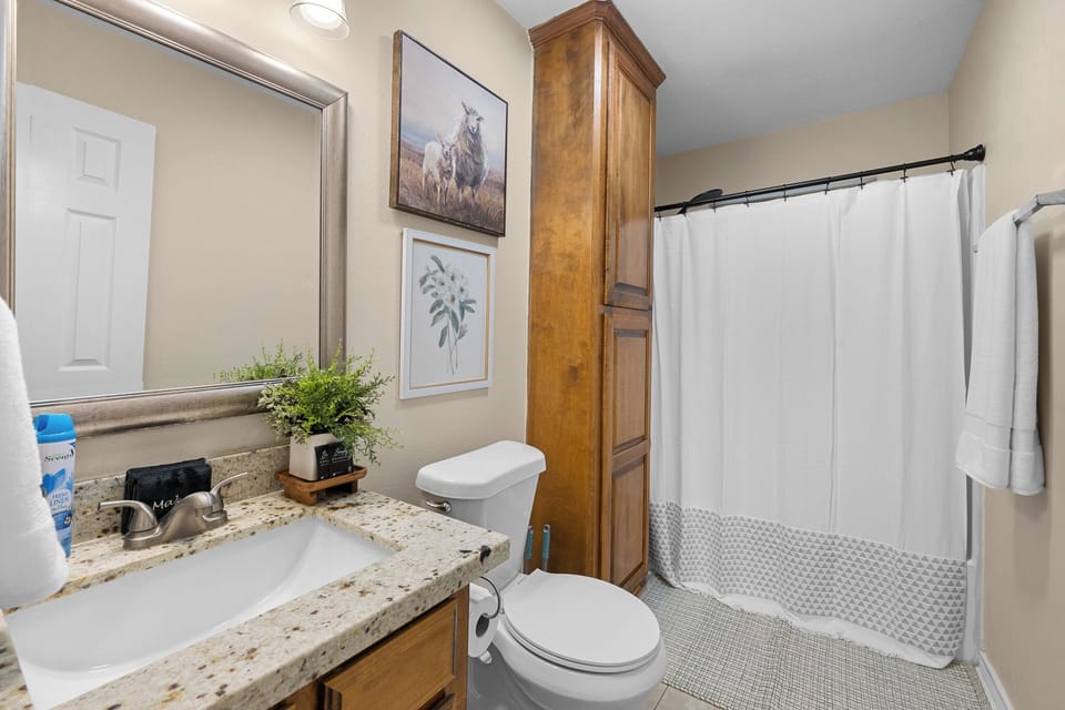 Bright bathroom with granite vanity, warm wood accents, and full shower