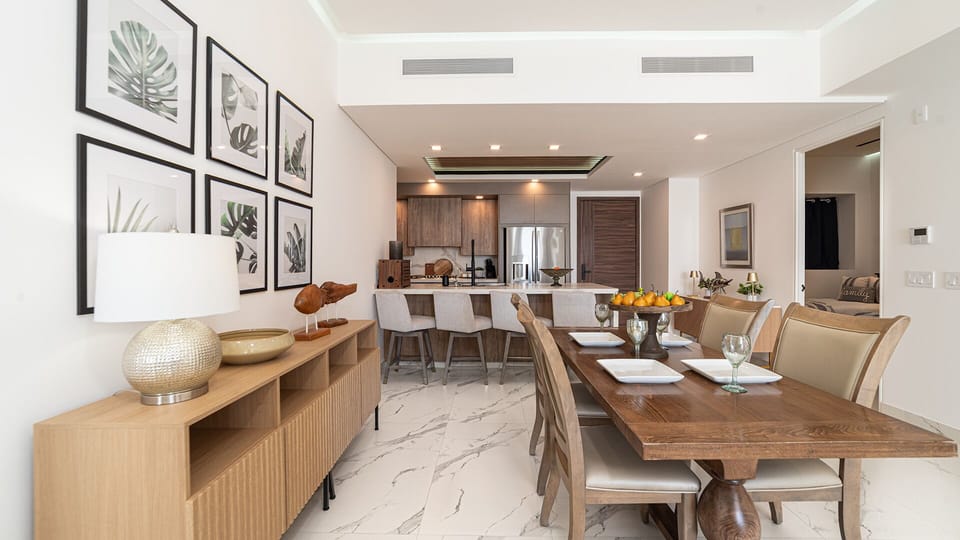 Modern decor in the dining  table and sideboard.