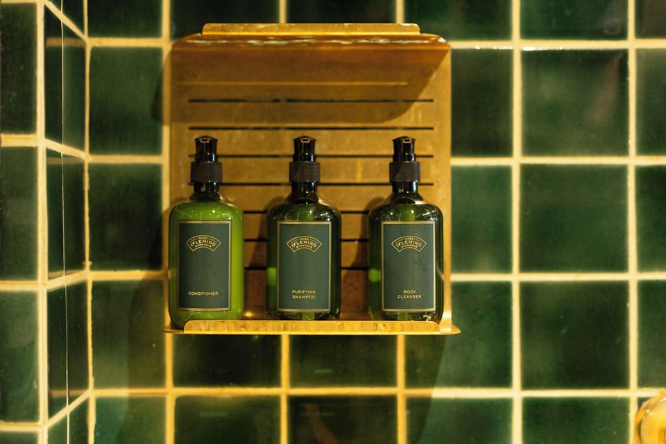 Shower, rainfall showerhead, hair dryer, bathrobes