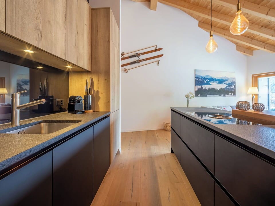 Kitchen, Interior Design, Wood, Flooring, Countertop, Ceiling, Furniture, Floor, Cabinetry, Home