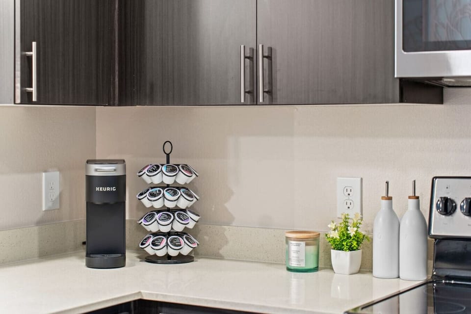 Wake up to the aroma of freshly brewed coffee with our convenient Keurig setup.