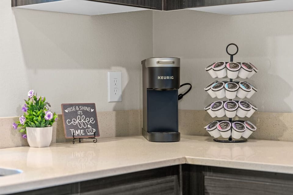 Start your day off right with a fresh brew from our Keurig.