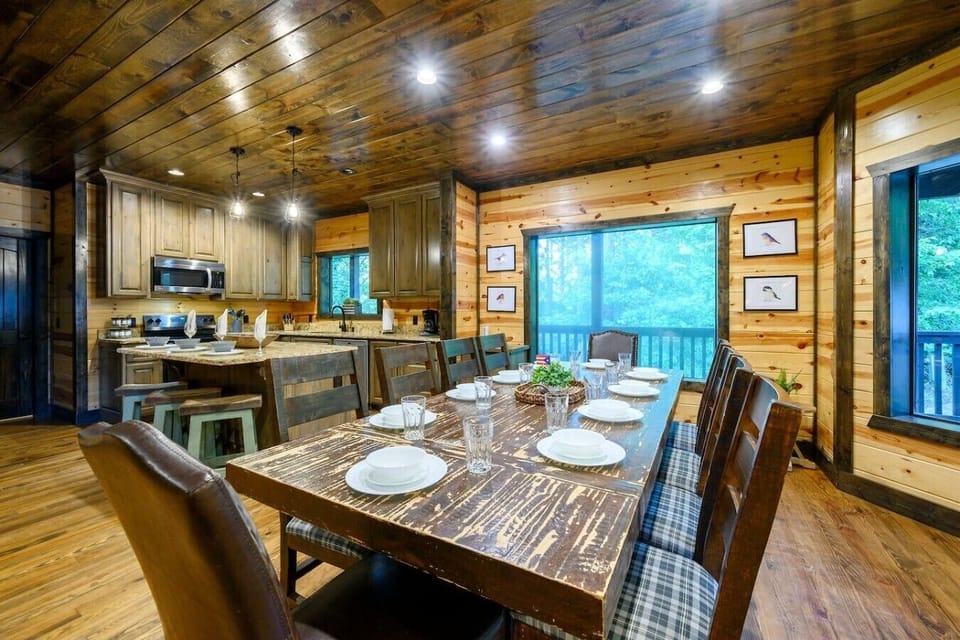 Dining and kitchen area designed for easy group meals.