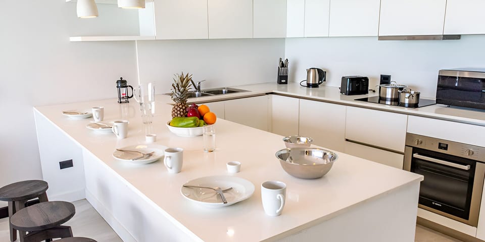 Cook together on sleek counters with everything ready for brunch.