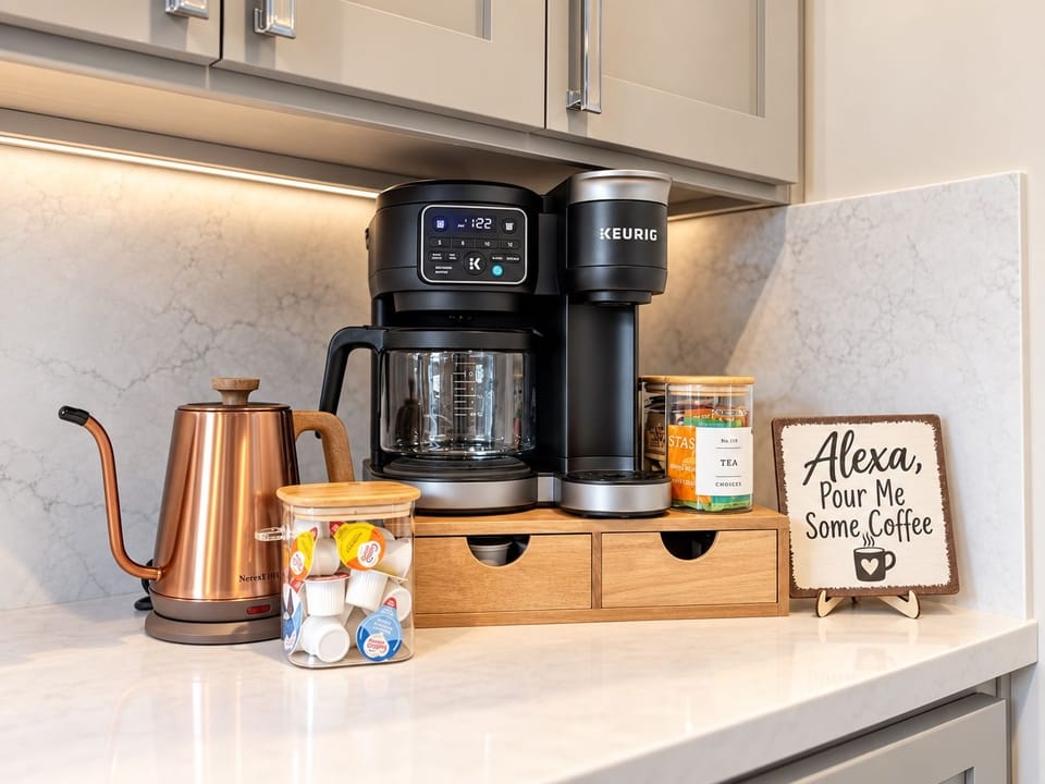 Warm up to fresh, brewed coffee with your Keurig Duo, complete with an assortment collection of premium K-pods, creamer, tea, and a hot water kettle.
