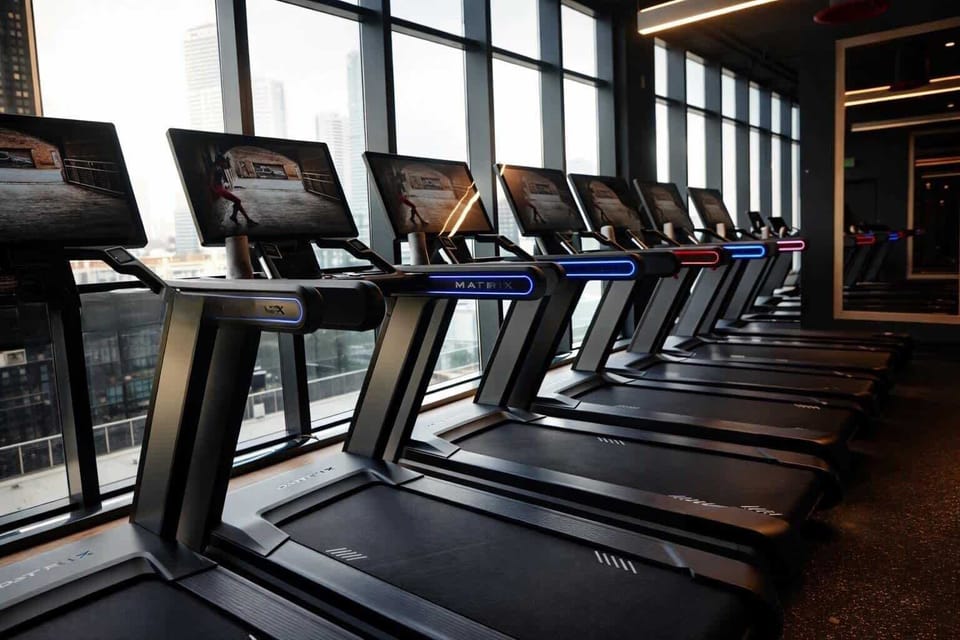 Treadmills beside floor-to-ceiling gym windows.