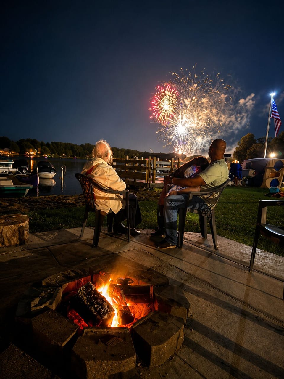 Lakeside fire pit and dock views with fireworks over the water