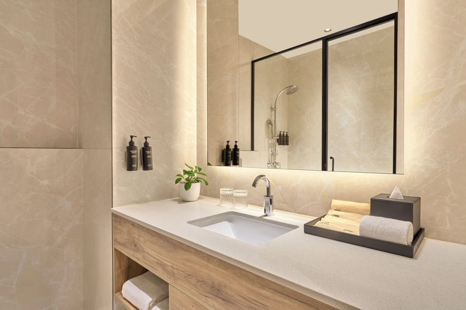 Shower, hair dryer, slippers, towels