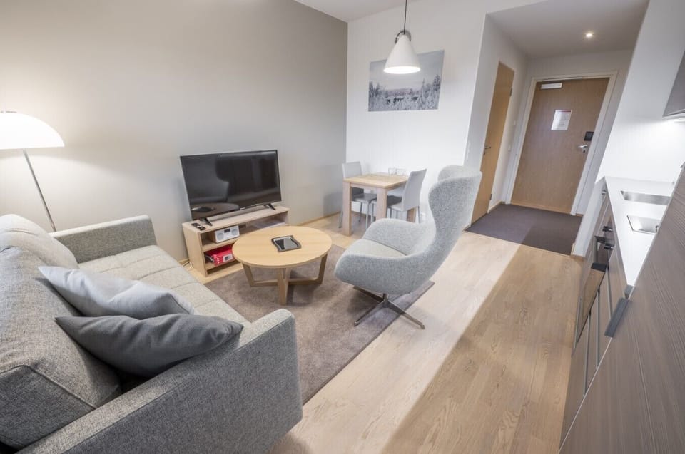 Living area with open kitchen