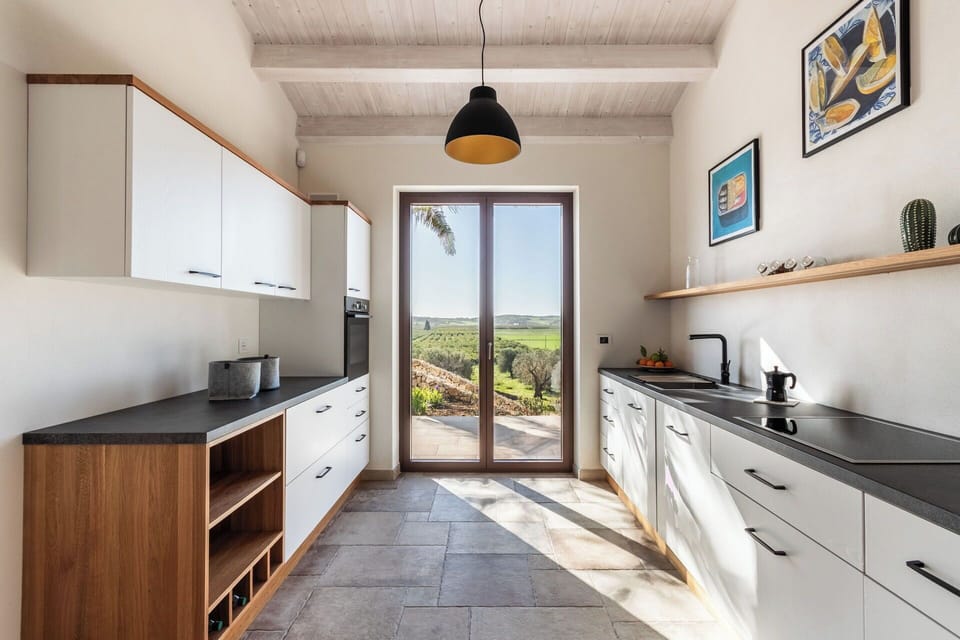 Kitchen, Interior Design, Flooring, Cabinetry, Countertop, Home, Floor, Wood Flooring, Ceiling, Kitchen Appliance