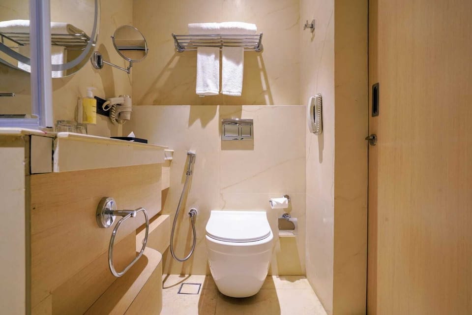 Shower, towels, soap, shampoo