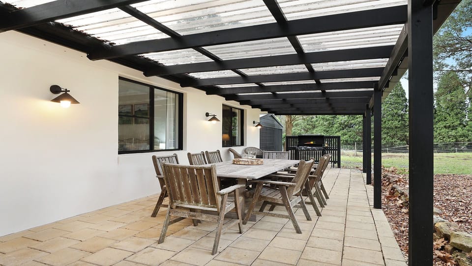 Mirambeena | Alfresco dining | Covered deck | BBQ | Firepit | Rear yard | Rural views 