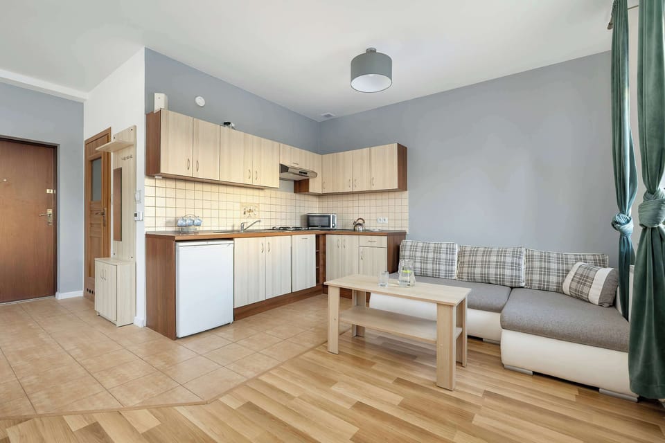 Modern open-plan studio combining a sleeping area and a fully equipped kitchenette in one functional space.