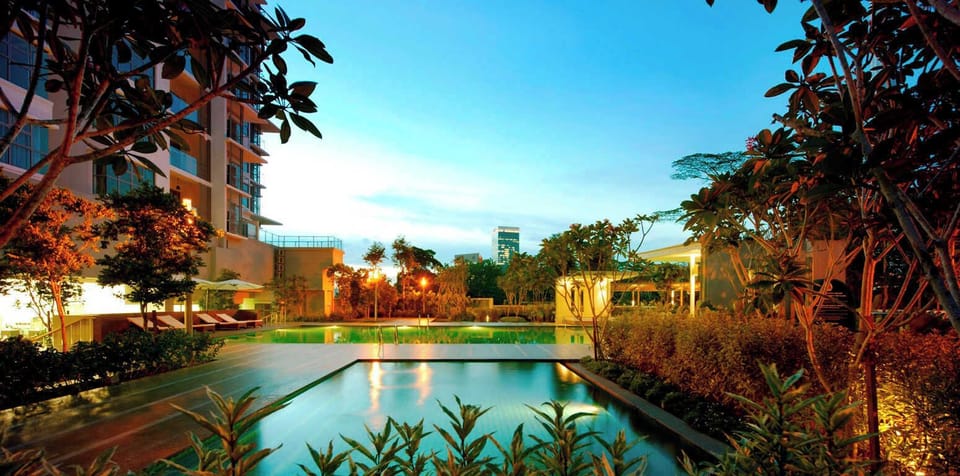 *A beautiful outdoor pool at night. *Open with restrictions