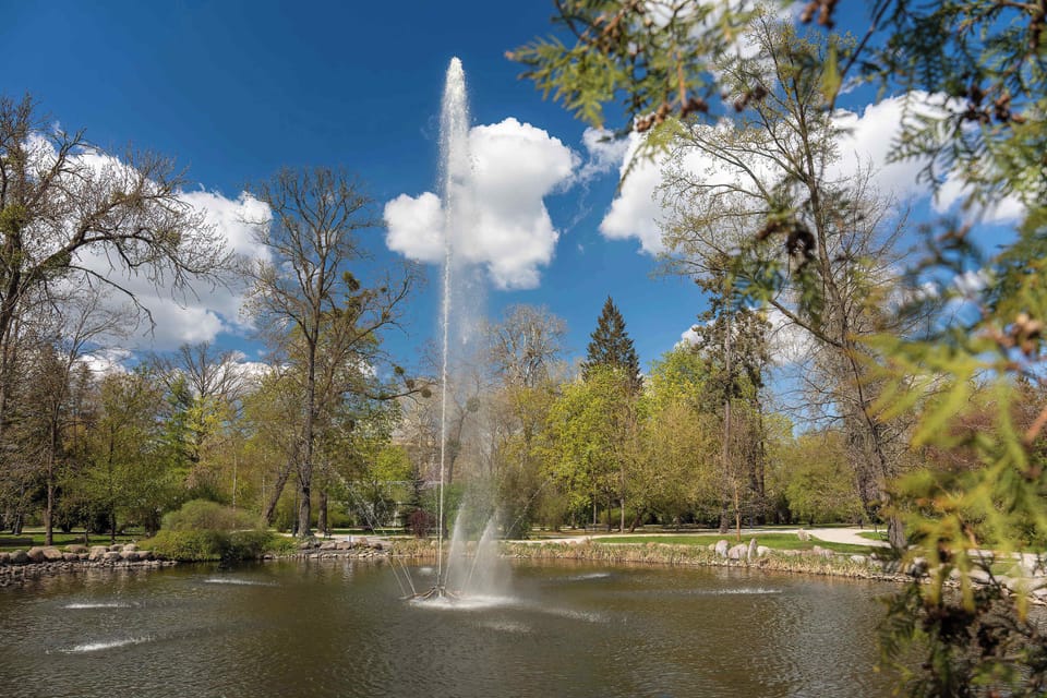 A large fountain surrounded by trees and green spaces. The peaceful setting is ideal for a relaxing walk.