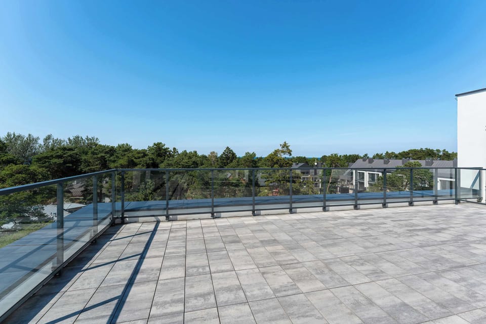A wide expanse of paved rooftop terrace overlooks a dense pine forest. The area is enclosed by clear glass panels and black railings. Blue sky extends across the entire background.