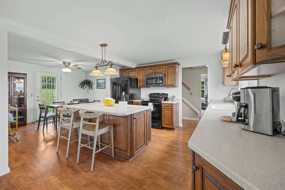 Spacious kitchen with modern appliances and generous counter space.