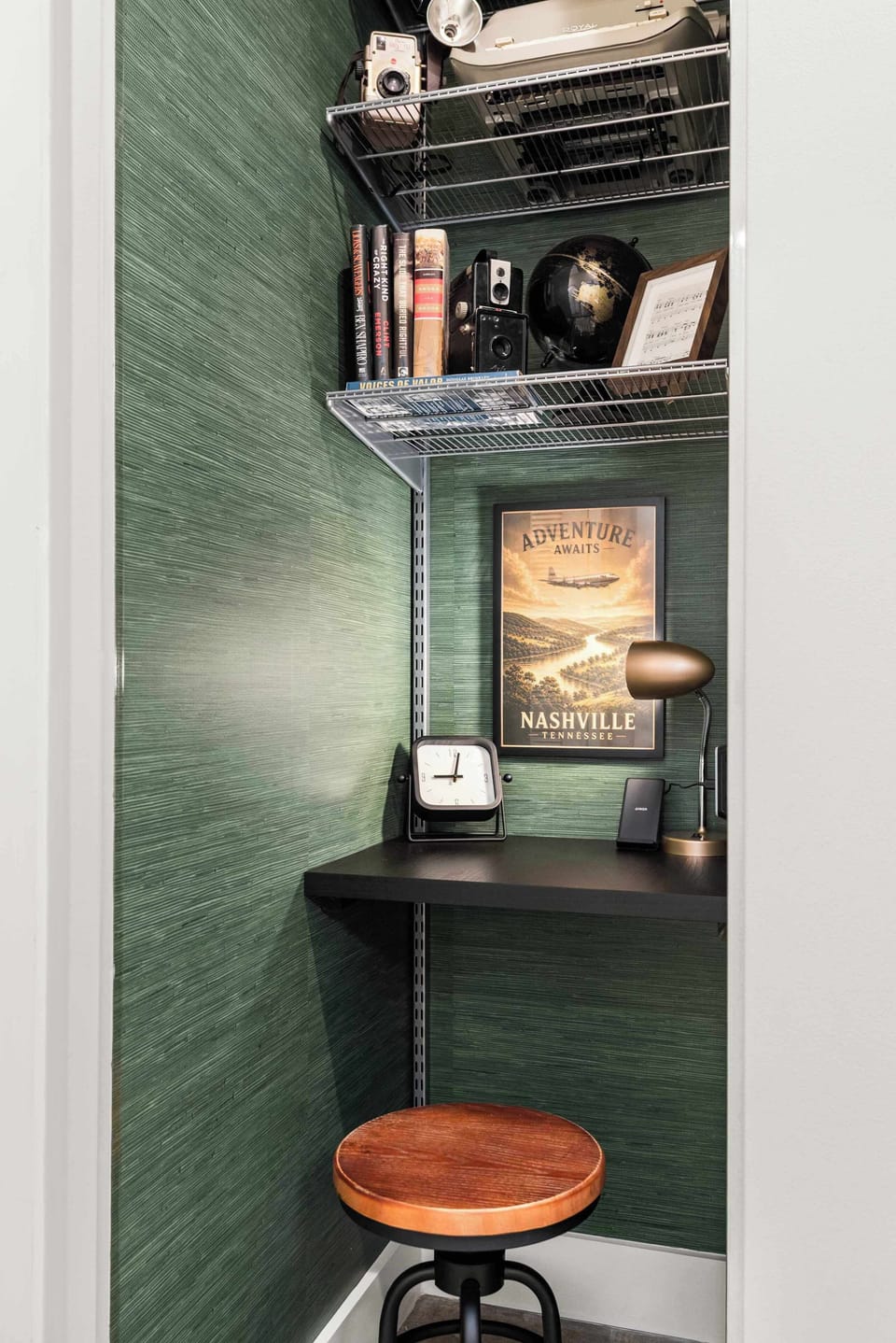 Compact workspace nook, handy if you need to work