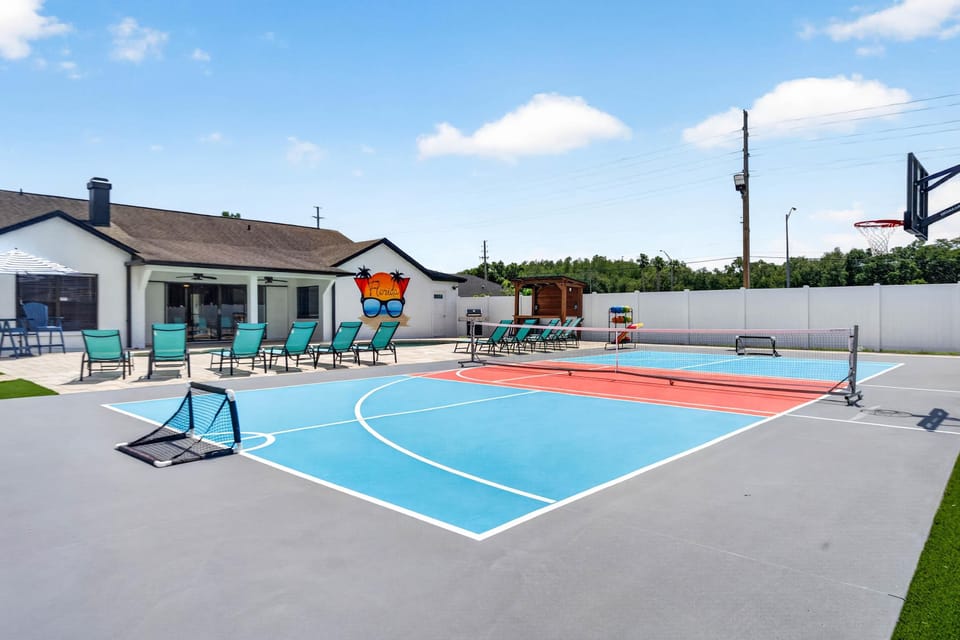 Spacious Backyard Sports Court with Pickleball & Hoops