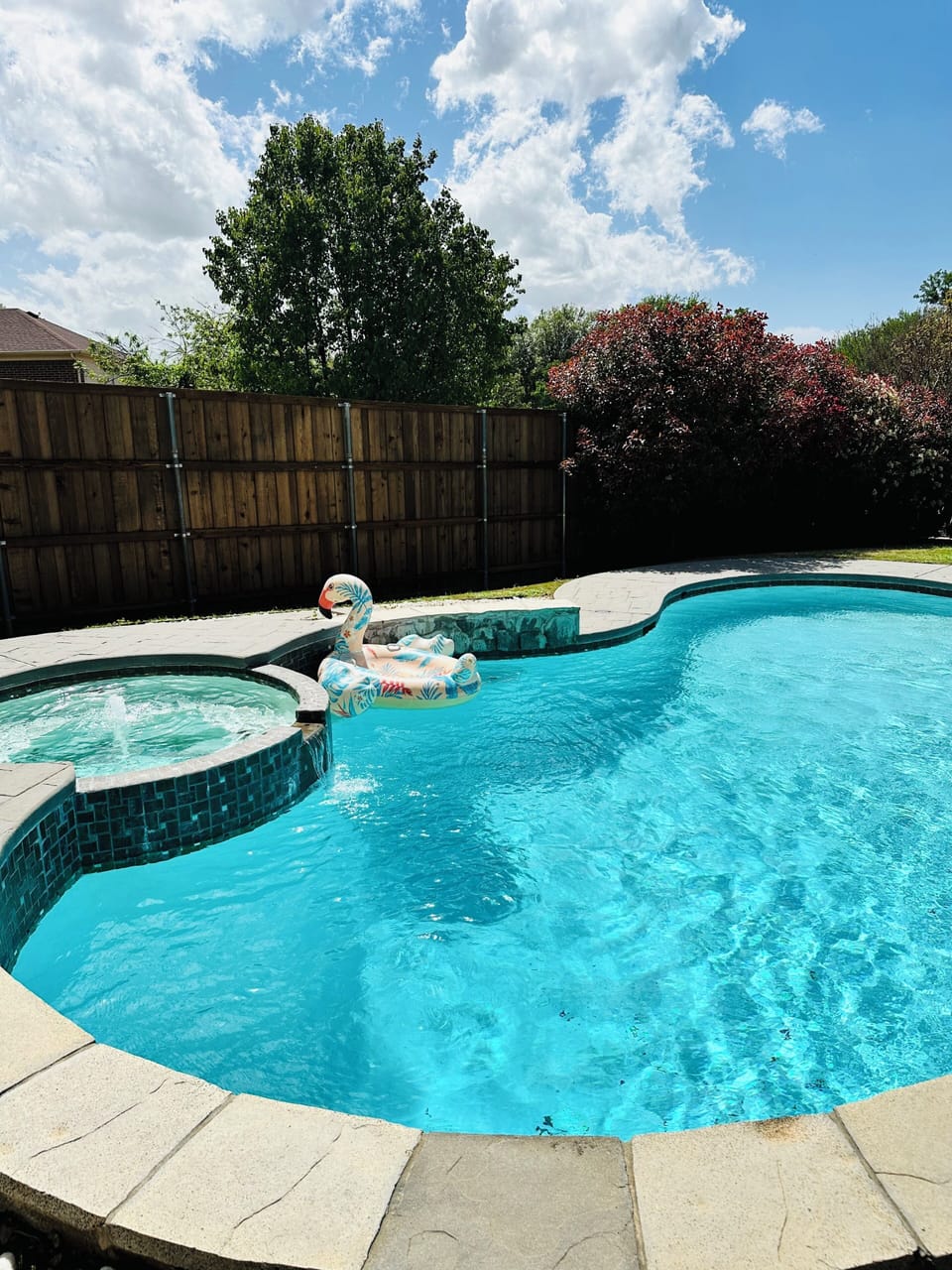 Private backyard oasis with pool, spa, covered patio, outdoor dining & seating.