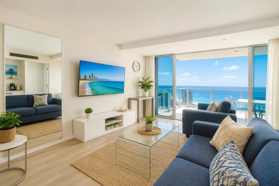 Bright living area with TV, air-conditioning and ocean view balcony access
