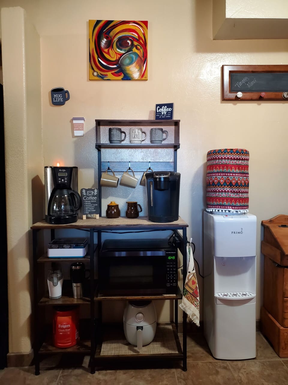 Kitchen coffee bar. (drip coffee maker, Keurig, coffee grinder, microwave)