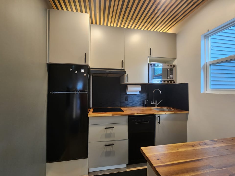 Functional kitchen featuring an electric induction cooktop, D/W, and microwave.