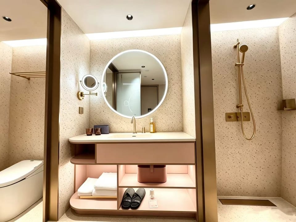 Hair dryer, bathrobes, slippers, towels