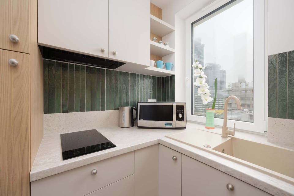 The kitchen's modern appliances make meal preparation easy.