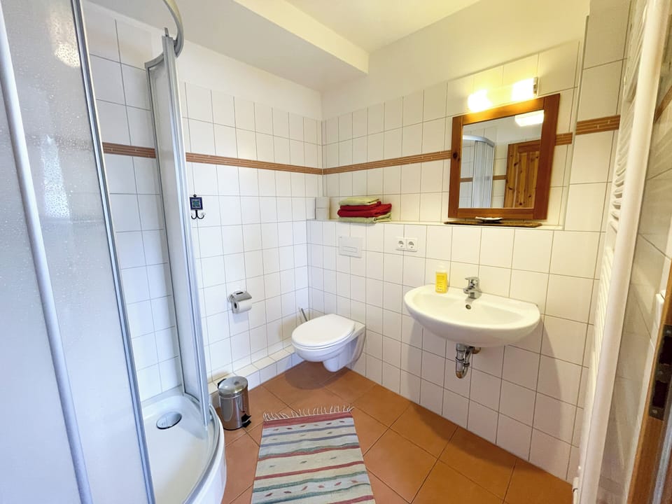Shower, towels, soap, toilet paper