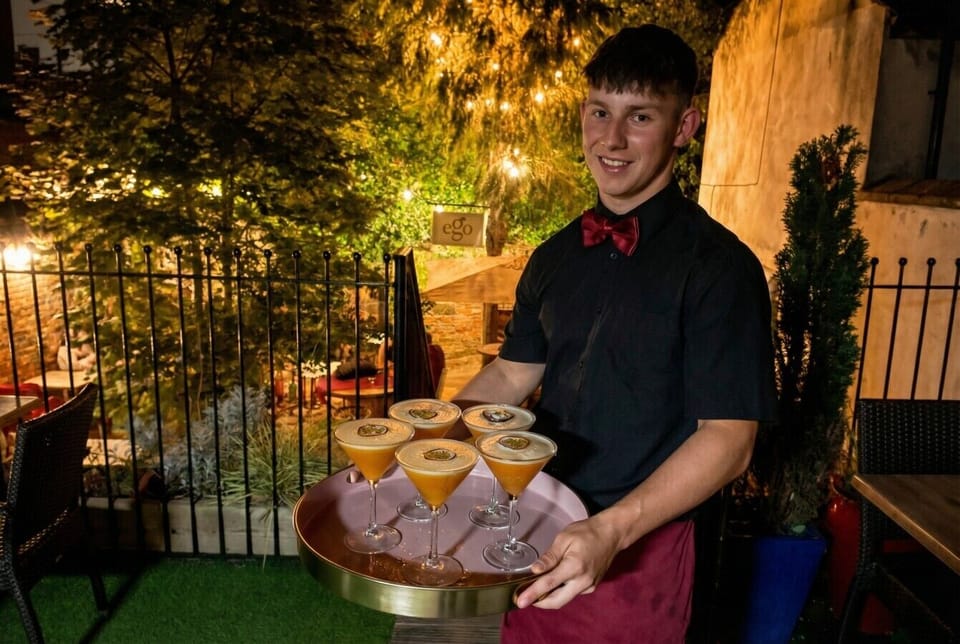 Cocktails delivered to the garden by the Ego restaurant team right next door.