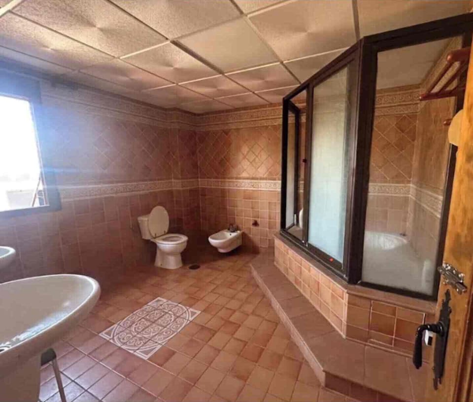 Shower, bidet, soap, toilet paper