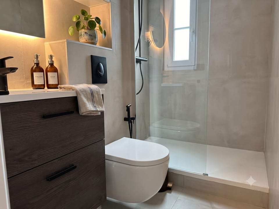 Shower, free toiletries, hair dryer, towels
