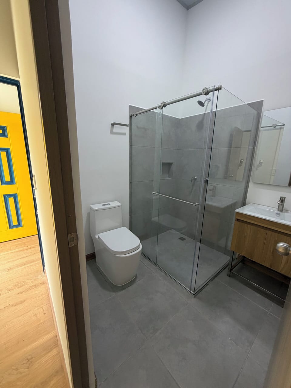Shower, towels, soap, toilet paper