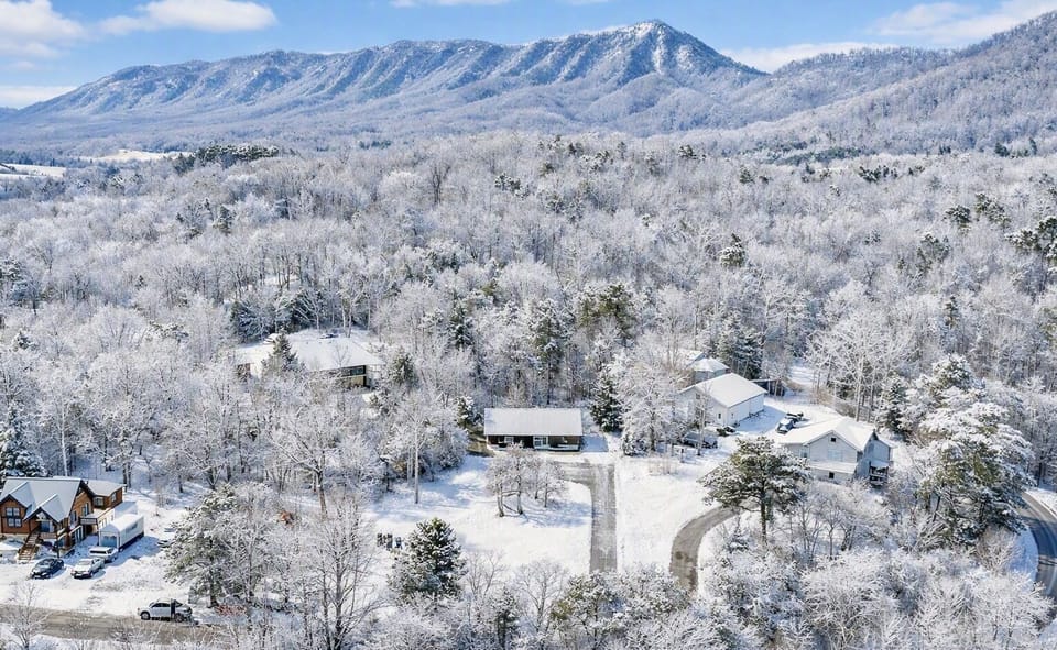 Snowy mountain retreat with serene forest views and просторный setting