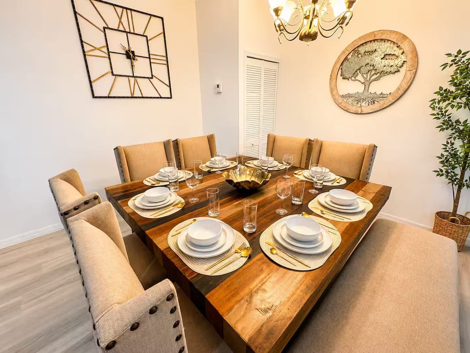 Share the meals at this elegant dining table for eight. 