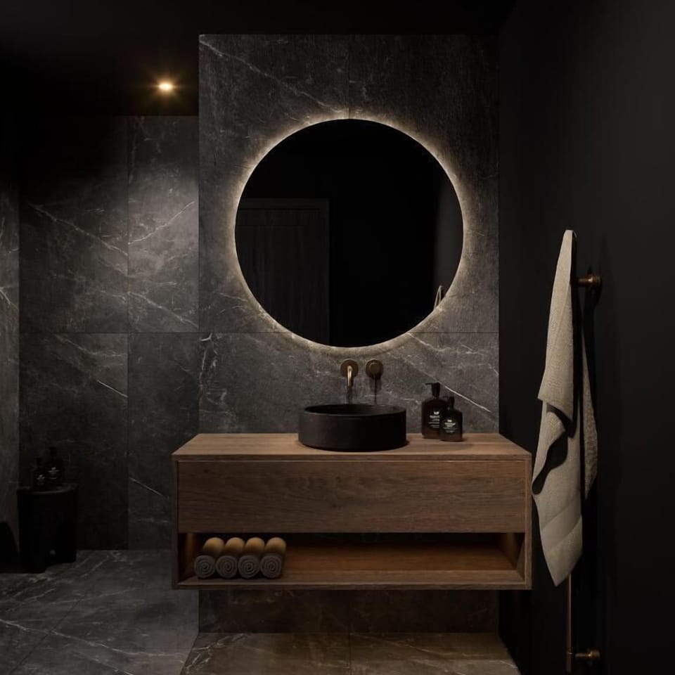 Shower, rainfall showerhead, hair dryer, bathrobes