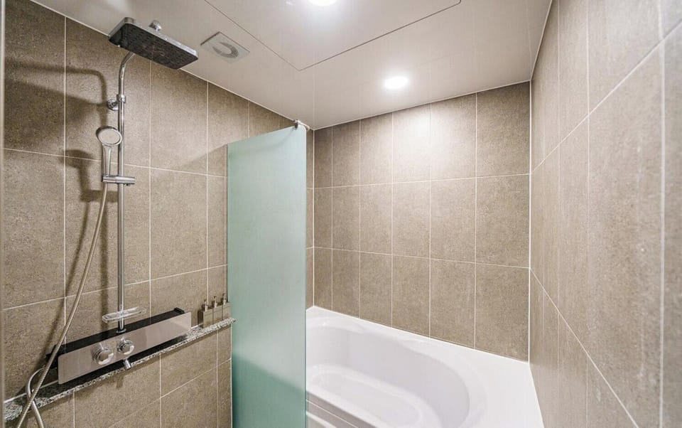 Hair dryer, towels, shampoo, toilet paper
