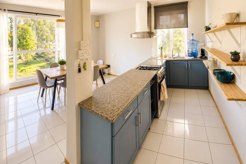 Spacious kitchen with generous counters and storage.