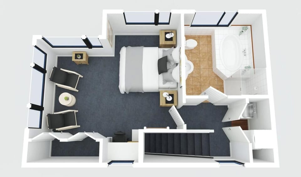 Upstairs, master bedroom and bathroom