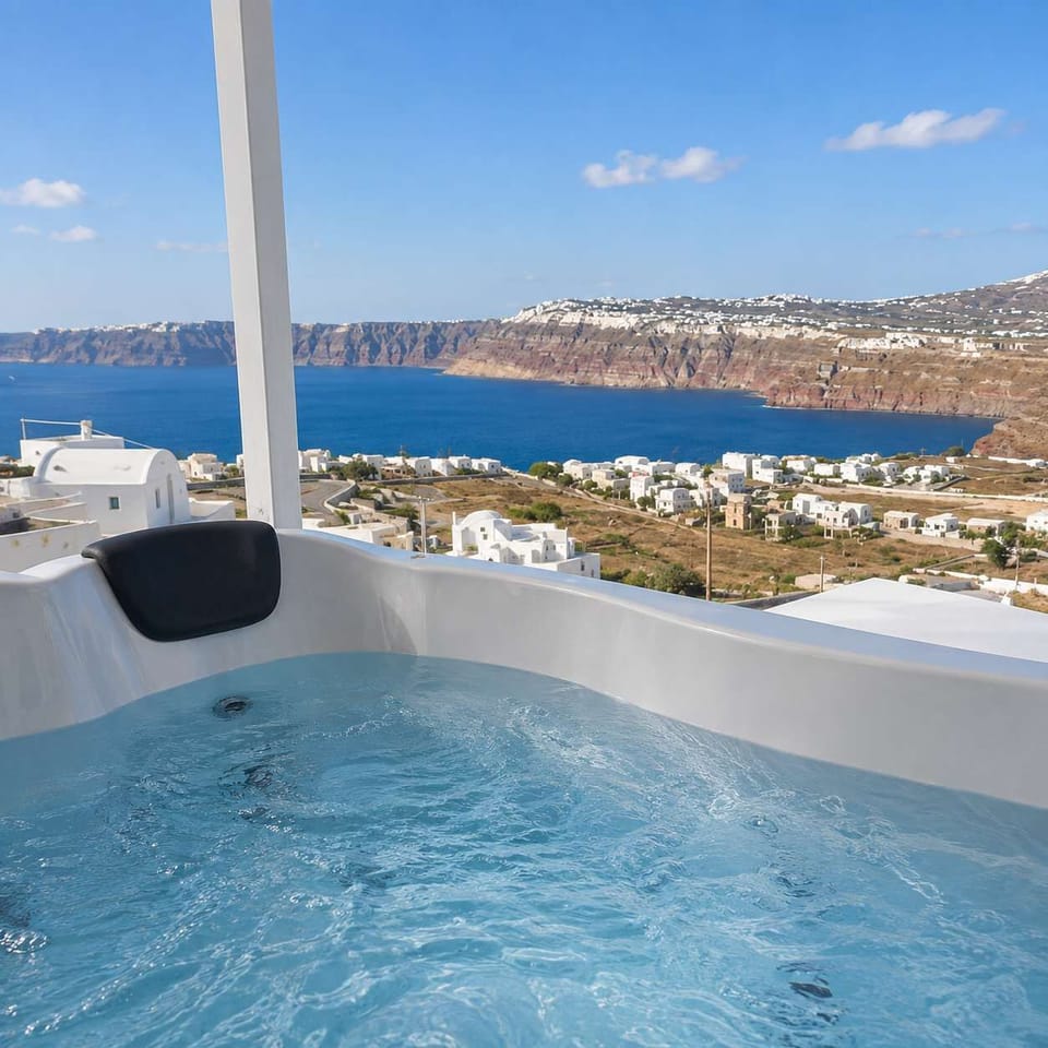 Private outdoor hot tub with panoramic caldera views