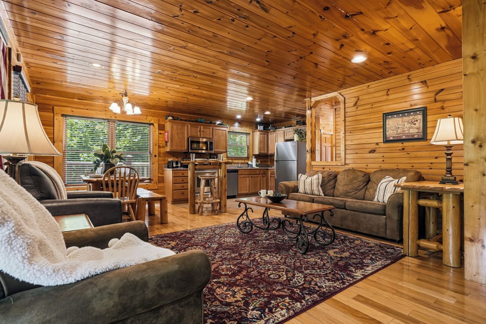Spacious gathering area with mountain cabin charm
