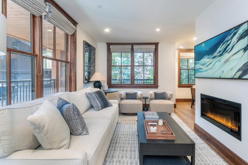 Cozy living room with a great fireplace and lots of places to chill
