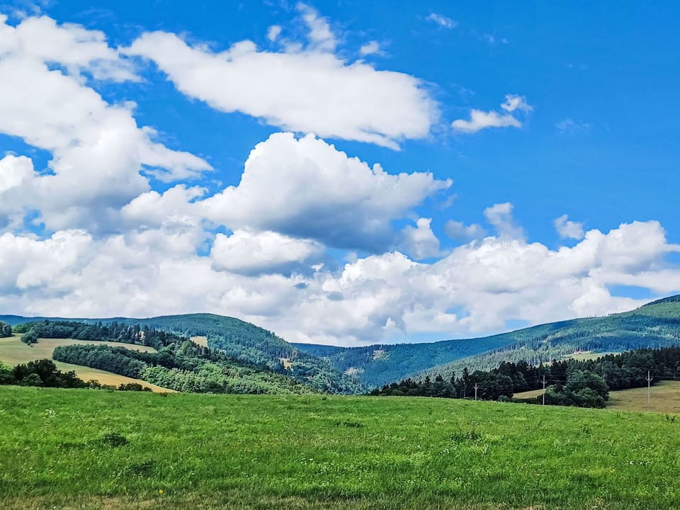 Sky, Cloud, Blue, Daytime, Grass, Green, Natural Environment, Nature, Mountainous Landforms, Cumulus